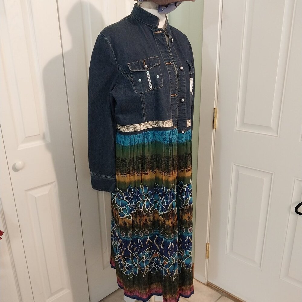3548 Size XL Upcycled Lands End Jean Jacket Tunic with Crochet Embellishments. - Picture 2 of 9